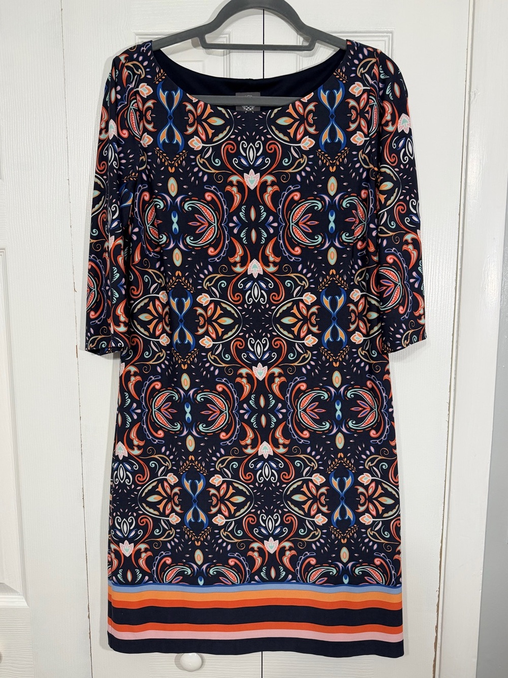 Vince Camuto 3/4 Sleeve Printed Shift Dress Size 12 Navy Multicolor
